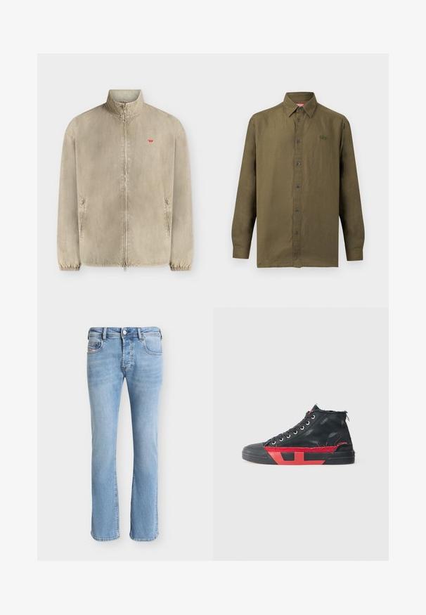 Veste beige zippée, col montant, deux poches avant, poignets élastiques et petit logo rouge sur la poitrine gauche.; Chemise à manches longues couleur vert olive avec col, boutons sur le devant et logo brodé subtil sur la poitrine gauche, sur fond uni.; Jean droit en denim bleu clair avec poches avant, passants de ceinture, fermeture à boutons et coutures visibles sur un fond uni.; Baskets montantes noires avec des accents rouges et une finition usée. Caractérisées par une tige en toile texturée et une semelle en caoutchouc avec un design découpé.