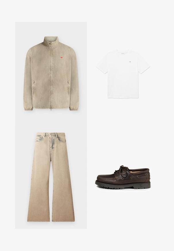 Beige jas met rits, hoge kraag, twee voorzakken, elastische boorden en een klein rood logo op de linkerborst.; Wit katoenen T-shirt met een ronde hals en korte mouwen. Heeft een klein zwart logo op de borst. Strak en minimalistisch ontwerp.; Beige wijde jeans met vervaagde textuur, vijf-pocket ontwerp en gestikte details langs de naden. De taille heeft een traditionele knoopsluiting.; Bruine leren boot schoenen met een ronde neus, stiksels en metalen oogjes voor de veters. Rubberen buitenzool met profiel.