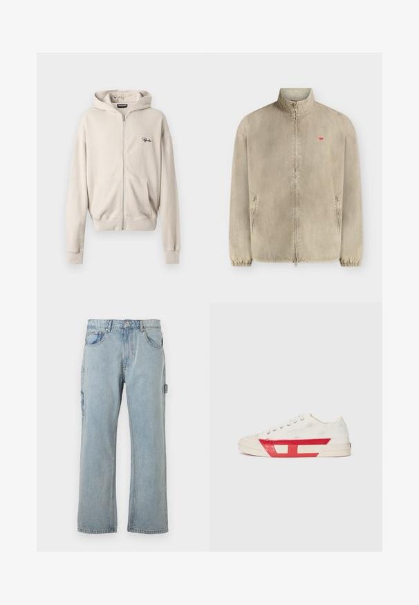 Veste beige zippée, col montant, deux poches avant, poignets élastiques et petit logo rouge sur la poitrine gauche.; Haut à capuche zippé beige en tissu côtelé, doté d'une poche avant, d'une texture douce et d'un petit logo noir sur la poitrine gauche.; Pantalon cargo en denim bleu clair avec une coupe décontractée, doté de poches latérales, d'une coupe droite et de détails de couture visibles.; Baskets en toile avec un dessus blanc, des accents en caoutchouc rouge et un design texturé. Elles présentent une tête arrondie et cinq œillets pour les lacets.