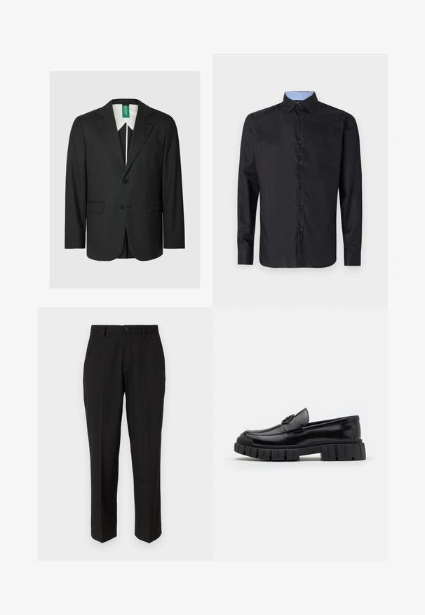 Sort blazer med skræddersyet pasform, hakkede revers, enkelt-knaps lukning, to forlommer og en hvid skjorte med krave synlig nedenunder.; Sort langærmet skjorte lavet af glat stof, med knaplukning foran, spidse kraver og en lyseblå ternet indre krave.; Sorte bukser lavet af glat stof, med lige ben design, forlommer, en enkelt knaplukning, og uden synlige mønstre.; Sorte læderloafers med tykke, rillet gummisåler. Har en rund tå og en dekorativ rem med et logoaccent. Glat overflade.
