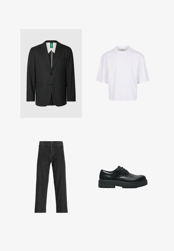 Sort blazer med skræddersyet pasform, hakkede revers, enkelt-knaps lukning, to forlommer og en hvid skjorte med krave synlig nedenunder.; Hvid t-shirt med korte ærmer, der har en rund halsudskæring og en afslappet pasform, lavet af et glat bomuldsblandingsstof. Ingen mønstre eller udsmykninger.; Sorte denim jeans med lige ben-design, som har lynlås, bæltestropper og seks lommer, lavet af et robust bomuldsblandingsstof.; Sort læder snøresko med tyk rillede sål og afrundet spids, vist i sidelayout på hvid baggrund.