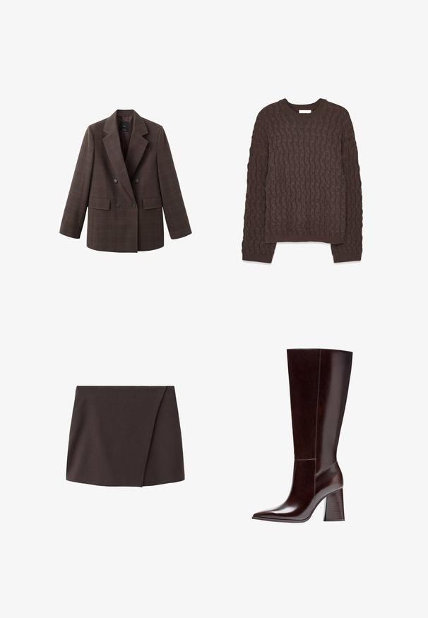 Brauner karierten zweireihiger Blazer mit gekerbtem Revers, zwei Fronttaschen und großen schwarzen Knöpfen, gefertigt aus einem strukturierten Stoff.; Brauner gestrickter Pullover mit einem strukturierten Muster, runden Halsausschnitt und langen Ärmeln. Der Stoff hat ein weiches, dickes Gefühl.; Dunkelbrauner asymmetrischer Minirock mit leichtem Frontüberlapp, aus glattem Stoff gefertigt.; Braune Leder-Knöchelstiefel mit spitzem Zehenbereich und strukturiertem Blockabsatz. Verfügt über eine klare Linienführung und minimale Nähdetails.
