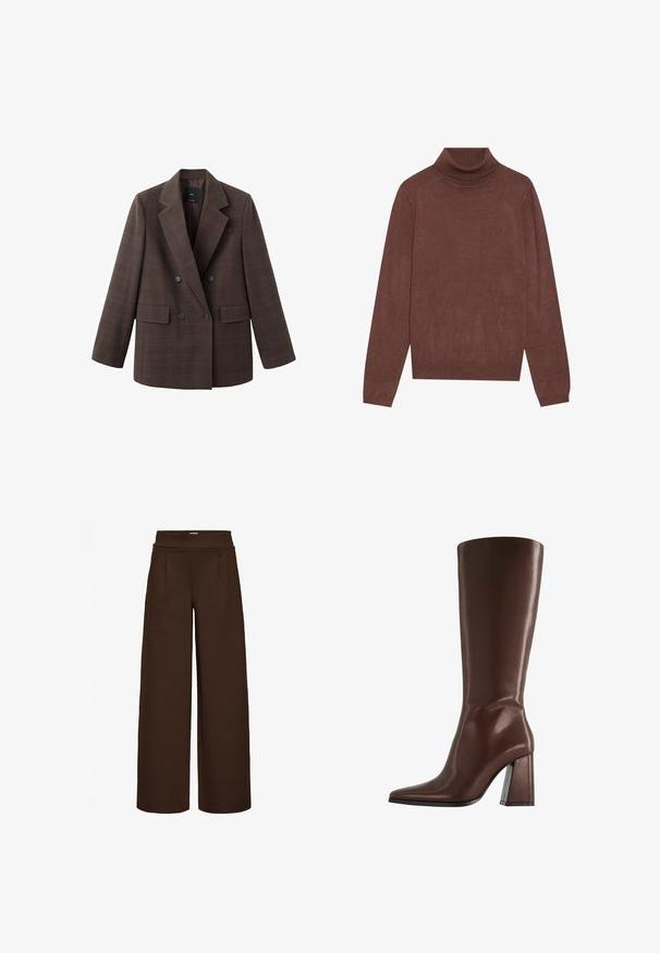 Brauner karierten zweireihiger Blazer mit gekerbtem Revers, zwei Fronttaschen und großen schwarzen Knöpfen, gefertigt aus einem strukturierten Stoff.; Brauner Rollkragenpullover mit langen Ärmeln. Hergestellt aus einem weichen, strukturierten Stoff. Verfügt über einen taillierten Kragen und eine lockere Silhouette.; Braune weit geschnittene Hose aus glattem Stoff mit hohem Bund und zwei Vorderfalten, entworfen für einen lockeren Sitz.; Brauner kniehoher Lederstiefel mit spitzer Zehe und klobigem mittelhohem Absatz, Seitenansicht vor weißem Hintergrund.