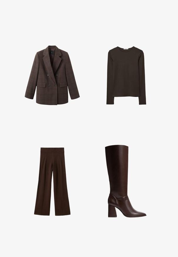 Brun ternet dobbeltradet blazer med hakkraver, to forlommer og store sorte knapper, med et tekstureret stof.; Langærmet, mørkebrun bluse lavet af blødt stof. Har en rund halsudskæring og en lige kant uden synlige mønstre eller detaljer.; Brune brede bukser med ribbet elastisk talje og lodrette sømdetaljer på en hvid baggrund.; Brune læderknæhøje støvler med spidse tæer og blokhæle, der har en glat overflade og et strømlinet design. Udsmykket syning ved anklen.
