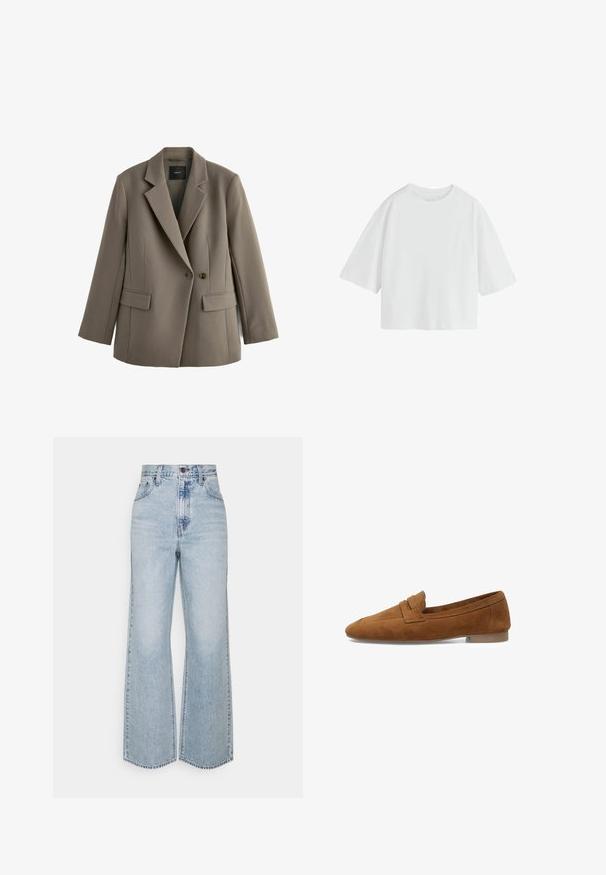 Blazer gris ajusté avec un revers cranté, fermeture à deux boutons, deux poches avant et un tissu lisse et texturé.; T-shirt écru oversize à manches courtes, col rond et coupe ample.; Jean large en denim bleu clair avec taille haute, design classique à cinq poches et couture contrastante. Détail de ourlet brut en bas.; Mocassins en suède marron avec un design à bout pointu, présentant un dessus cousu et un talon bas et plat. Texture lisse avec des accents minimaux.