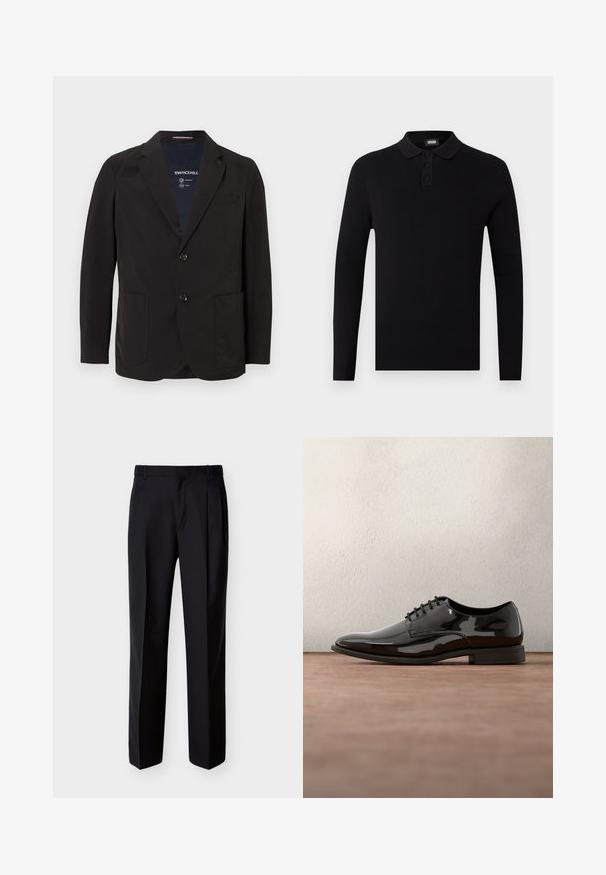 Veste noire compressible en tissu lisse et léger. Elle possède un col à revers, deux poches avant et deux boutons. L'intérieur affiche la marque.; Polo-shirt noir à manches longues avec une texture côtelée, patte de boutonnage à trois boutons et un col doux. Design simple et polyvalent.; Pantalon noir ajusté à coupe droite, avec un devant plissé et des poches latérales. Confectionné dans un tissu lisse et léger à motif uni.; Chaussure de dress en cuir verni noir avec un bout arrondi, un design à lacets et une surface lisse et brillante. Dispose d'une semelle en caoutchouc discrète.