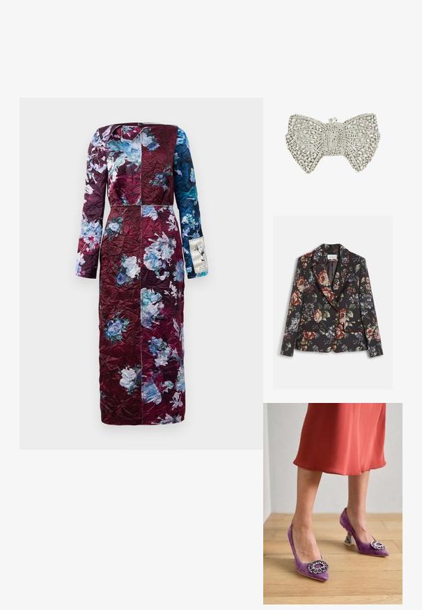 Blazer negro entallado para mujer con estampado floral grande multicolor, ribetes rojos a lo largo de los bordes y dos bolsillos delanteros con solapa y botones dorados.; Vestido de manga larga con estampado floral en burdeos y azul. Material texturizado, corte recto y sutil brillo. Presenta un acento de etiqueta lateral.; Tacones altos de ante morado con punteras afiladas y adornos joya en la parte delantera. Tacones gruesos transparentes con patrón. Textura suave.; Clutch en tono plata con forma de lazo adornado con strass claros y un cierre de cristal en la parte superior.