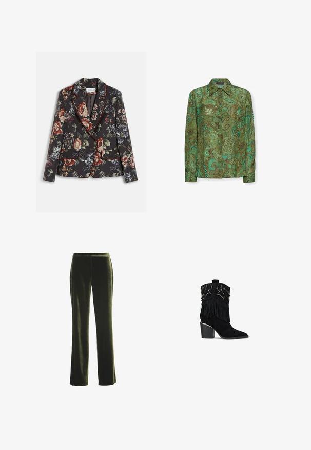 Taillierter schwarzer Damenblazer mit großem mehrfarbigem Blumenmuster, roter Paspelierung entlang der Kanten und zwei vorderen Klappentaschen mit goldenen Knöpfen.; Langärmliges Hemd mit Knopfleiste, grünem und türkisfarbenem Paisley-Blumenmuster und spitzem Kragen auf weißem Hintergrund.; Dunkelgrüne Samt-Hose mit geradem Bein und elastischem Bund, flach auf einem weißen Hintergrund präsentiert.; Schwarze Wildleder-Stiefelette mit ausgeprägtem Fransen-Detail, verziert mit silbernen Nieten. Verfügt über einen stabilen Absatz und ein spitzes Design.