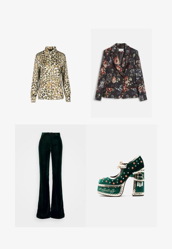 Skræddersyet sort dameblazer med stort flerfarvet blomsterprint, rød piping langs kanterne og to frontlommer med klap og guldknapper.; Bluse med leopardprint, kraveudskæring, lange ærmer og knaplukning foran. Stoffet har en glat og skinnende tekstur.; Heathe ARIYO SUIT TROUSERS - Bukser - green; Grøn fløjlsplatformsko med dekorative røde og sølvnitter, perleseler, guldkant, broderi og en blokhæl med dinglende perler og en "B"-vedhæng.