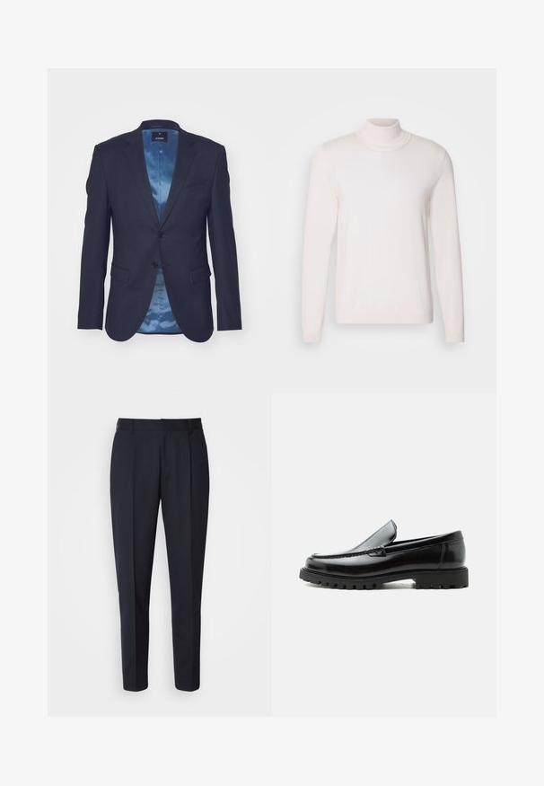 Blazer marine foncé en tissu texturé, fermeture à un bouton, deux poches avant et doublure en satin bleu clair contrastant.; Pull à col roulé rose clair avec des manches longues, texture douce, col et poignets côtelés, présentant un design classique et ajusté.; BOSS PERIN - Pantalon classique - navy; Mocassin en cuir noir avec semelle en caoutchouc épaisse, dessus cousu et nom de marque embossé sur le talon, présenté de profil sur fond blanc.