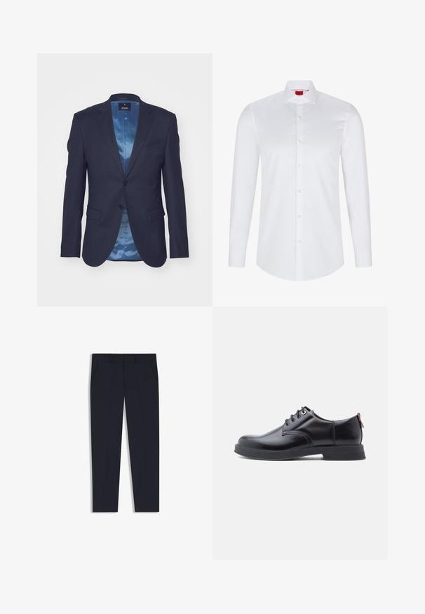 Blazer azul marino oscuro con una tela texturada, cierre de un solo botón, dos bolsillos frontales y un forro de satén azul claro en contraste.; Camisa blanca de manga larga con botones, hecha de algodón suave. Presenta un cuello clásico, una botonera completa y un dobladillo redondeado.; Pantalones azul marino con un corte ajustado, que cuentan con dos bolsillos frontales, un diseño plano en la parte delantera y una textura suave. Sin patrones ni adornos visibles.; Zapatos de piel negra con cordones, textura lisa, puntera redondeada y detalles sutiles de costura. Cuentan con una lengüeta roja en el talón.
