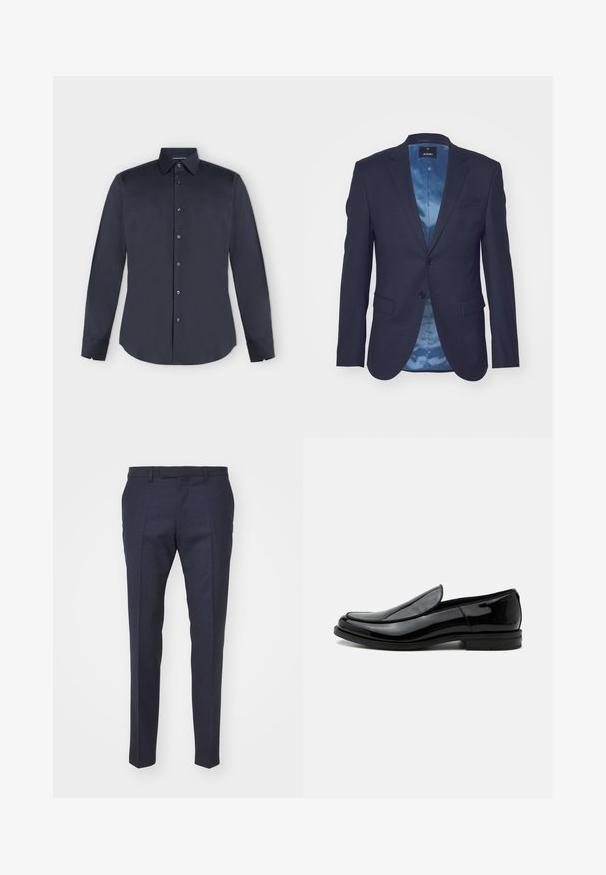 Blazer azul marino oscuro con una tela texturada, cierre de un solo botón, dos bolsillos frontales y un forro de satén azul claro en contraste.; Camisa de vestir para hombre de manga larga en azul marino oscuro con botones, cuello puntiagudo y puños abotonados sobre un fondo gris claro.; Pantalones de traje azul marino con una textura suave, con un frente plano, pliegues y un ajuste elegante, adecuados para ocasiones formales.; Zapato de vestir negro de piel brillante tipo slip-on con tacón bajo y punta redondeada, visto de lado sobre un fondo blanco liso.
