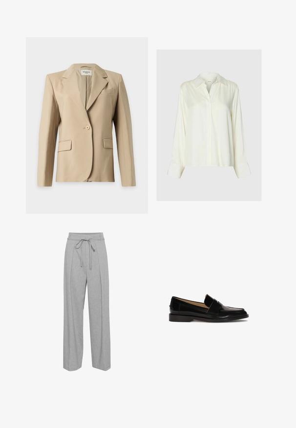 Blazer beige para mujer con un solo botón, solapas, dos bolsillos delanteros con solapa y un bolsillo de ojal en el pecho, presentado sobre un fondo liso.; Blusa blanca de satén de manga larga con cuello clásico y botones delanteros ocultos, mostrada sobre un fondo liso gris claro.; Pantalones de lino grises de pierna ancha con cintura alta, que presentan un cordón para ajustar, pliegues en la parte delantera y un acabado suave y texturizado.; Mocasines de cuero negro con un acabado suave, punta redondeada y una correa decorativa en la parte frontal. Diseño de tacón bajo.