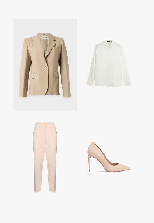 Blazer beige para mujer con un solo botón, solapas, dos bolsillos delanteros con solapa y un bolsillo de ojal en el pecho, presentado sobre un fondo liso.; Blusa blanca de manga larga hecha de una tela suave, con cuello clásico, cierre frontal de botones y puños abotonados. Diseño simple y minimalista.; Pantalones beige a medida con cintura alta, cierre frontal con botones y corte de pierna recta, mostrados sobre un fondo blanco.; Zapato de tacón alto de cuero beige con punta afilada y textura suave. Presenta un tacón de aguja delgado y un diseño de escote bajo.