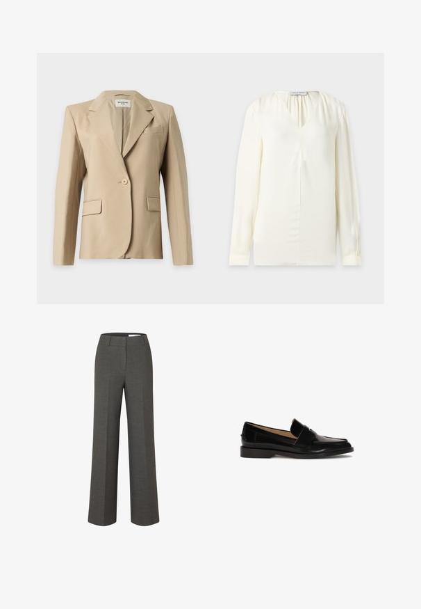 Beige enkeltknappet damesblazer med revers, to forlommer med klap og en brystlomme, vist på en ensfarvet baggrund.; Langærmet, cremefarvet bluse med V-hals og subtile plisseringer nær halsudskæringen, vist på en ensfarvet baggrund.; Mørkegrå skræddersyede bukser med vide ben, frontbirl og taljebånd med bæltestropper på hvid baggrund.; Sorte læder loafers med glat finish, afrundet tå og en dekorativ rem over fronten. Lav blokhælsdesign.