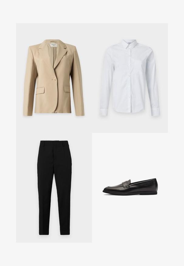 Blazer beige pour femme à un bouton, avec revers, deux poches avant à rabat et une poche poitrine passepoilée, présenté sur un fond uni.; Chemise blanche à manches longues en coton, avec col, ouverture boutonnée à l'avant, et une poche poitrine unique. Texture lisse. Sans motifs.; Pantalons noirs avec une coupe ajustée, dotés de poches latérales, d'une texture lisse et d'un design épuré qui se resserre vers la cheville.; Mocassin en cuir noir avec une finition lisse, un bout arrondi et des accents en double couture sur le dessus. Semelle en caoutchouc plate pour plus de confort.