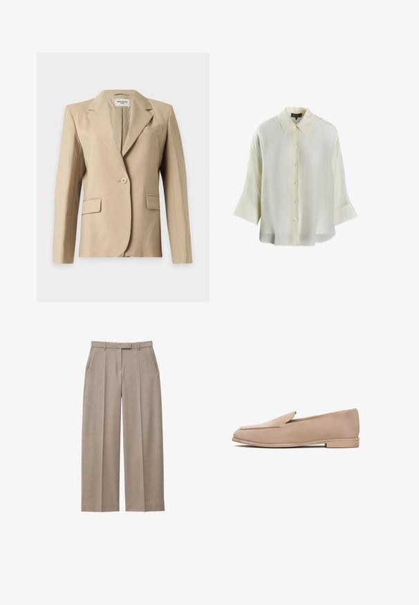 Beige enkeltknappet damesblazer med revers, to forlommer med klap og en brystlomme, vist på en ensfarvet baggrund.; Hvid, kortærmet bluse lavet af letvægtsstof, med spidse kraver, knaplukning foran og en let afslappet pasform.; Beige bukser med brede ben, bæltestropper, forreste læg, sidelommer og skjult lukning foran.; Beige ruskind loafers med flad sål, en diskret spids tå og minimal syning langs kanterne. Glat tekstur hele vejen rundt.