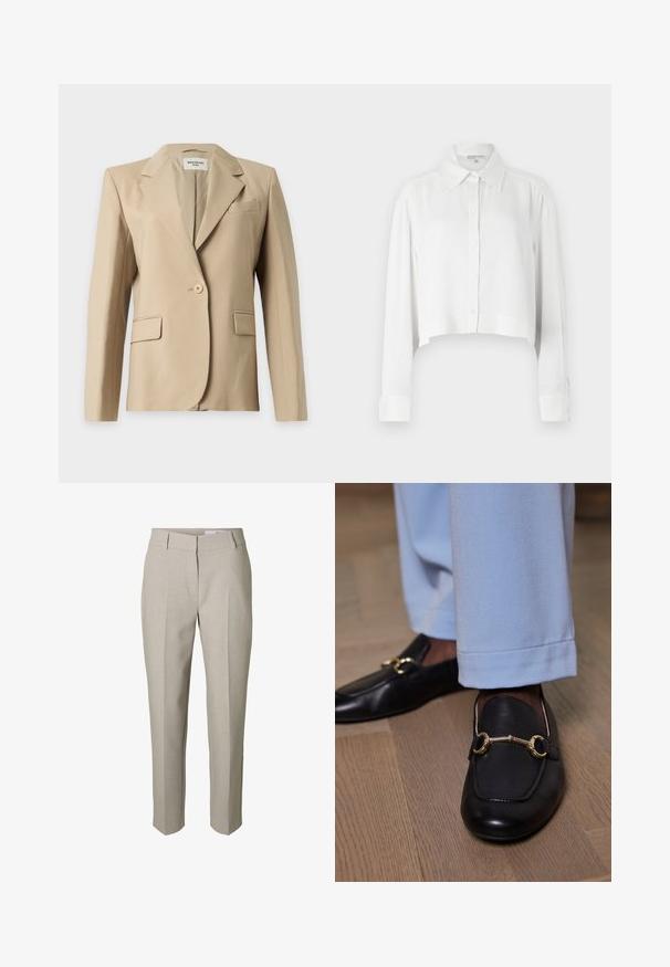 Blazer beige pour femme à un bouton, avec revers, deux poches avant à rabat et une poche poitrine passepoilée, présenté sur un fond uni.; Chemise blanche raccourcie avec des manches longues, patte de boutonnage à l'avant et col classique. Tissu lisse avec des poignets structurés et un design minimaliste.; Pantalon beige sur mesure avec passants pour ceinture, fermeture éclair avant et plis marqués sur les jambes, présenté sur fond blanc.; Mocassins en cuir noir avec un détail en métal doré portés avec un pantalon bleu clair sur un sol en bois.