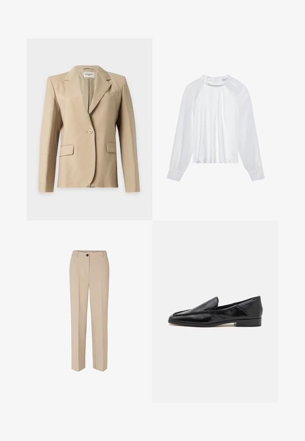 Blazer beige pour femme à un bouton, avec revers, deux poches avant à rabat et une poche poitrine passepoilée, présenté sur un fond uni.; Blouse en satin blanc avec des manches longues, un col rond et un détail plissé à l'avant. Présente une fermeture éclair au dos et des poignets ajustés. Texture lisse.; Modström GALE - Pantalon classique - powder sand; Mocassins en cuir noir avec une finition lisse, dotés d'un design cousu le long du bord avant et d'un petit talon carré.