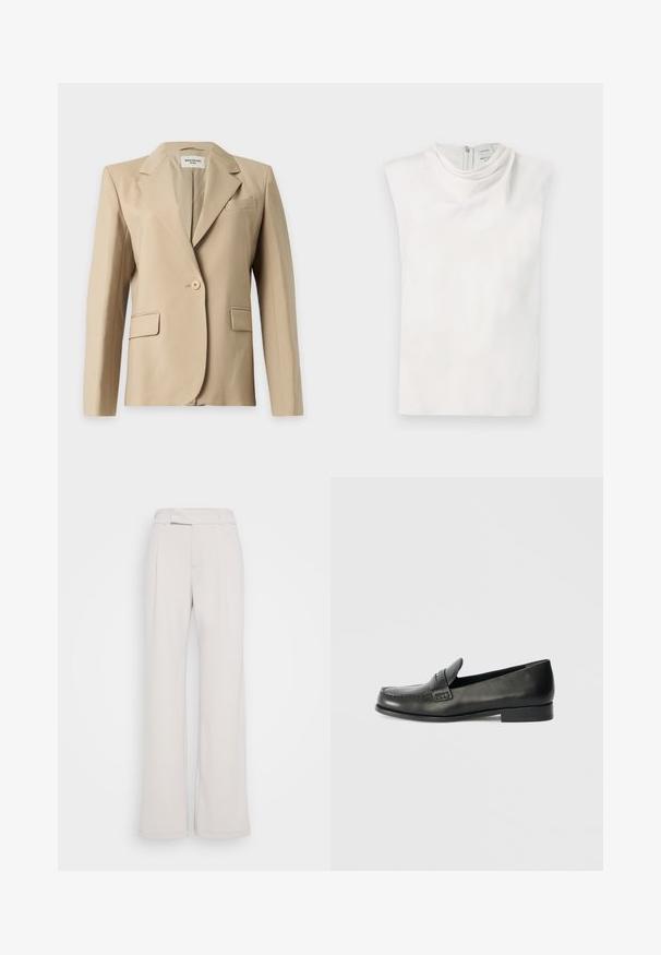 Beige enkeltknappet damesblazer med revers, to forlommer med klap og en brystlomme, vist på en ensfarvet baggrund.; Hvid ærmeløs top med høj hals og lynlåslukning bagpå, vist fladt på en hvid baggrund.; Bredde bukser i lys beige stof med en tætsiddende linning, frontfolder og en glat tekstur. Casual design, ingen synlige mønstre eller hardware.; Sorte læder loafers med en rund tå, forhøjede syningsdetaljer og en lav, stablet hæl. Glat tekstur med en subtil glans.