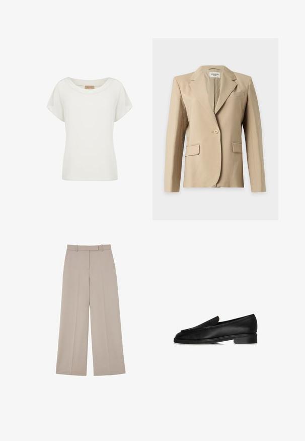 Beige damesblazer met één knoop, revers, twee voorzakken met klep en één borstzakje, weergegeven op een effen achtergrond.; Witte dames top met korte mouwen, een ronde halslijn en een klein beige labeltje aan de binnenkant van de kraag.; Beige broek met wijde pijpen, riemlussen, voorzakken en een plooi in het midden van elke pijp.; Zwarte leren instappers met een vlakke zool, gekenmerkt door een gestikt ontwerp en een subtiel bovenste detail. Glad textuur en een elegante silhouet.