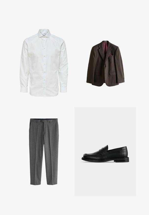 Bruine blazer met ingesneden revers, twee voorzakken, een enkele knoopsluiting en een bordeauxrood patroon voering. Inclusief een pochet.; Wit overhemd met lange mouwen, knoopsluiting aan de voorkant en puntige kraag, afgebeeld tegen een witte achtergrond.; Grijze, op maat gemaakte herenkledingbroek met zijzakken, riemlussen en een knoopsluiting in de taille.; Zwarte leren heren penny loafer met lage gestapelde hak en afgeronde neus, zijaanzicht op lichte grijze achtergrond.