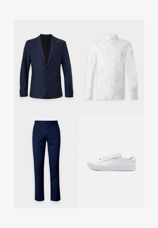 Marineblauwe blazer met een enkelvoudig ontwerp, notch revers, twee voorzakken en knoopsluitingen. Gladde stof met minimale textuur.; Wit overhemd met lange mouwen, beige knoppen, puntige kraag en knoopmanchetten, plat uitgestald op een lichte achtergrond.; Marineblauwe katoenen broeken met een rechte pijpdesign, voorzien van een frontknopen sluiting, riemlussen en schone naden. Gladde textuur zonder patronen.; Witte leren sneakers met een gladde afwerking, laagmodel ontwerp, ronde neus en platte rubberen zool. Voorzien van platte veters en minimale merkpresentatie.