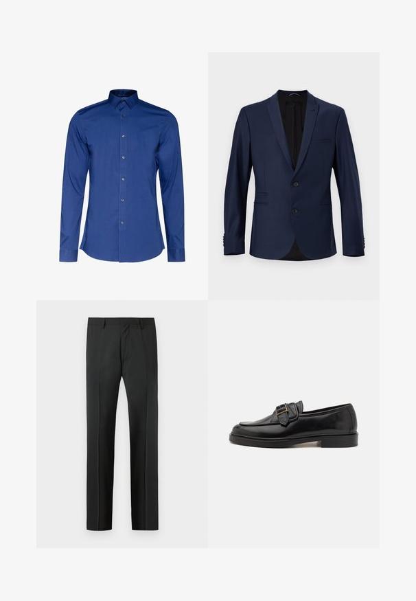 Blazer azul marino de diseño de un solo botón, con solapas tipo notch, dos bolsillos frontales y cierres de botones. Tejido suave con textura minimalista.; Camisa de manga larga y cuello en tejido azul oscuro con una textura suave, con cierre de botones en la parte delantera y dobladillo redondeado. Brillo sutil en el tejido.; Pantalones de vestir negros a medida con trabillas para cinturón y pliegue frontal, mostrados sobre un fondo gris claro.; Mocasines de cuero negro con punta redonda y un acento decorativo de hebilla. Tacón plano y sólido, con una textura suave en todo el zapato.