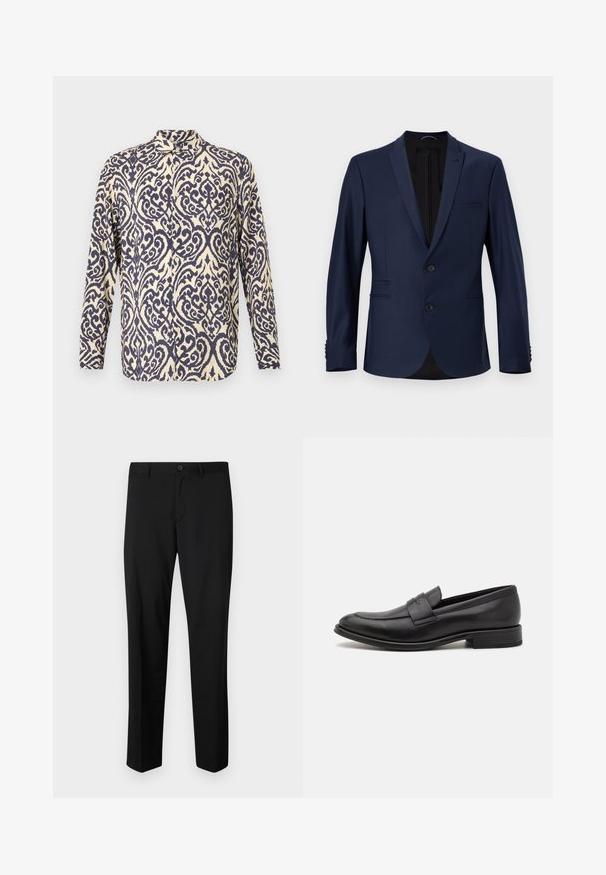 Blazer bleu marine avec un design à boutonnage simple, des revers à cran, deux poches avant et des fermetures à bouton. Tissu lisse avec une texture minimale.; Chemise à manches longues de couleur crème avec des motifs tourbillonnants complexes en bleu marine, dotée d'un col et d'un design à boutonnière.; Pantalons noirs ajustés avec une coupe plate, taille standard et jambes droites. Fabriqués en tissu lisse, dotés d'une fermeture à un bouton.; Mocassin en cuir noir avec une finition lisse, une sangle décorative sur le dessus, un bout rond et un petit talon empilé.