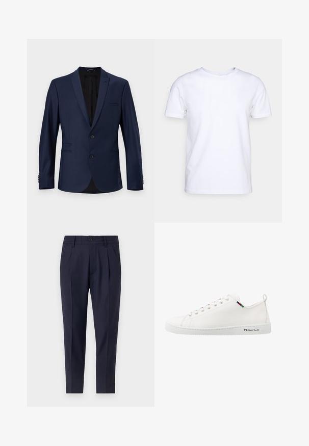 Blazer bleu marine avec un design à boutonnage simple, des revers à cran, deux poches avant et des fermetures à bouton. Tissu lisse avec une texture minimale.; T-shirt blanc à manches courtes en tissu de coton avec un col rond. Design simple sans motifs ni accents. Texture lisse.; Pantalons bleu marine ajustés, dotés de plis, d'une fermeture à bouton et de poches latérales. Fabriqués dans un tissu lisse avec un léger éclat.; Sneaker en cuir blanc avec une texture lisse, bout rond et détail de bande de couleur contrastante près des lacets. Dispose d'une semelle en caoutchouc et d'un logo sur le côté.