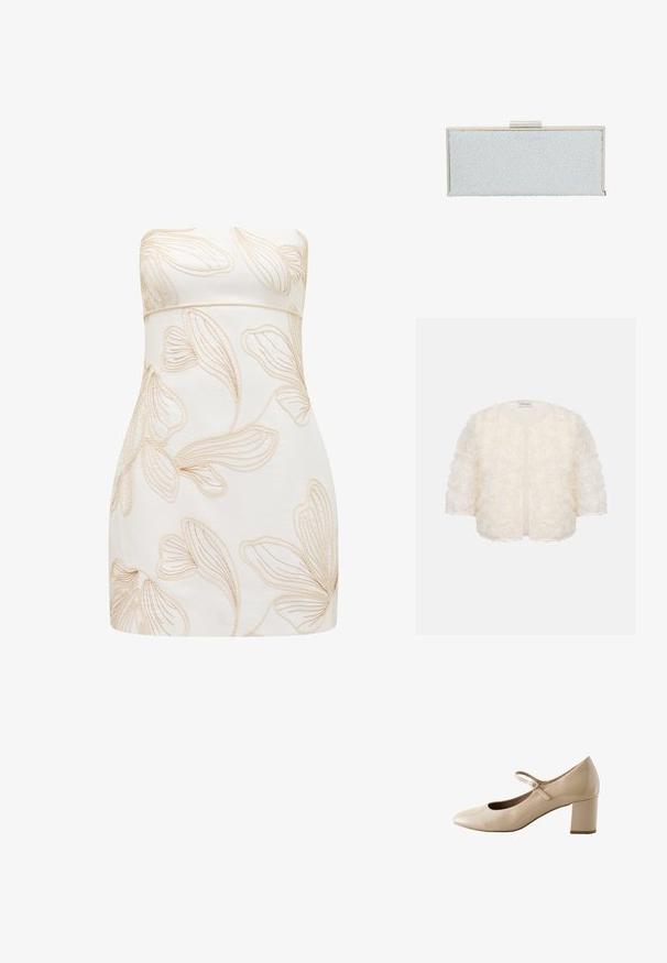 Hvid jakke med korte ærmer dækket af 3D blomsterapplikationer med rund halsudskæring og åben front.; Strapless kjole i creme med præget blomsterdesign i lys beige. Tætsiddende design, glat tekstur, knælængde klip, og ingen synlige lukninger.; Beige laklæder Mary Jane-sko med rund tå, spænde og lav blokhæl.; Lysblå clutch med en tekstureret overflade, der har klare, hævede dråber. Sølvfarvet hardware ved lukningen øverst, rektangulær form.