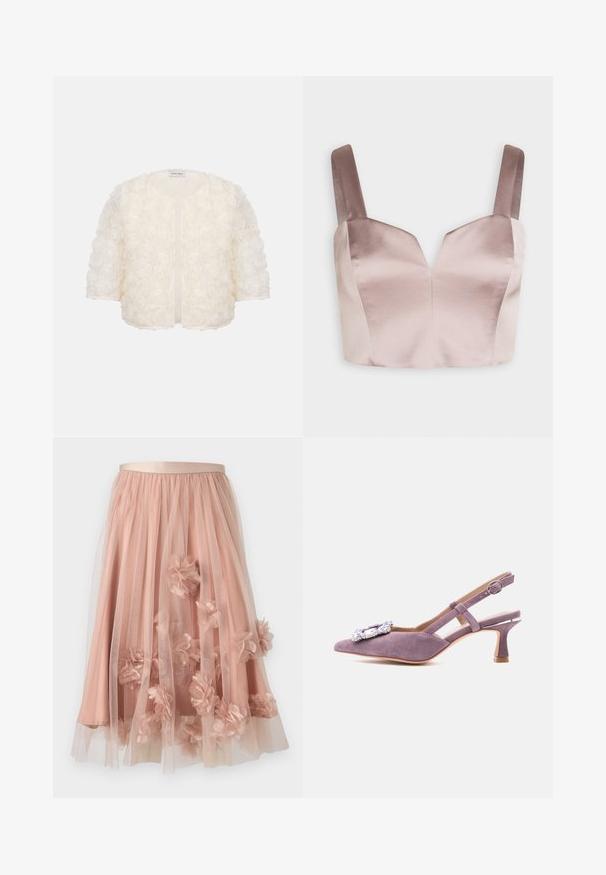 Veste blanche à manches courtes recouverte d'appliques florales 3D avec un col rond et une ouverture devant.; Swing Débardeur - fading lilac; Jupe en tulle rose pâle avec une ceinture en satin. Comprend plusieurs couches de tissu transparent et des appliqués floraux en trois dimensions sur toute la surface.; Escarpin slingback en daim lavande avec bout pointu, talon évasé de hauteur moyenne, bride à boucle à la cheville et ornements en strass sur le dessus.