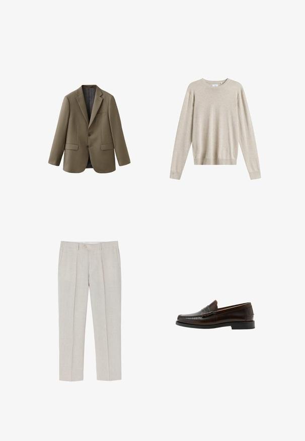 Blazer vert olive en tissu lisse, doté d'un col cranté, de deux poches avant et d'une fermeture à un bouton.; Pull beige à manches longues avec col ras du cou, poignets et ourlet côtelés, fabriqué en tissu tricoté doux, présenté sur un fond blanc.; Pantalons en lin beige clair avec une coupe droite, une texture subtile, deux poches avant et une fermeture à un bouton à la taille.; Mocassin penny en cuir marron foncé avec bout moc cousu, talon bas et finition lisse, présenté de profil sur fond blanc.