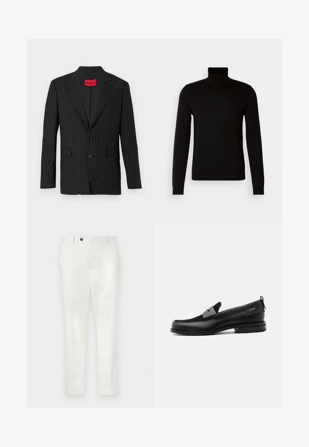 Sort blazer med nålestriber, med en notch lapel, to knapper og sidelommer. Har et rødt "HUGO"-mærke på den indre krave. Glat tekstur.; Sort turtleneck sweater lavet af et fint strikket stof, der har lange ærmer og en tætsiddende silhuet. Glat tekstur med ribbede manchetter.; Hvide bukser lavet af letvægtsstof, med lige ben, en enkelt brun knap i taljen og minimalistisk stil.; Sort læderloafer med grå remdetalje, lav hæl og tekstureret sål, mærket med "HUGO" i guld på siden.
