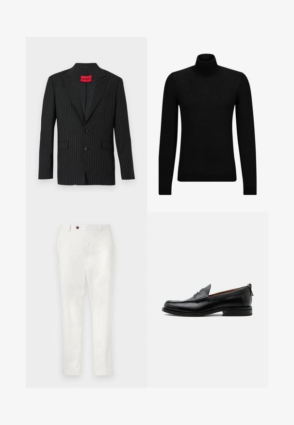 Sort blazer med nålestriber, med en notch lapel, to knapper og sidelommer. Har et rødt "HUGO"-mærke på den indre krave. Glat tekstur.; Sort turtleneck sweater lavet af blødt materiale, med lange ærmer og en tætsiddende pasform. Ribbet trim ved kanten og manchetter. Simpelt design.; Hvide bukser lavet af letvægtsstof, med lige ben, en enkelt brun knap i taljen og minimalistisk stil.; Sort læder herre loafer med moc-tå syning, penny strop, struktureret krave og lav stablet hæl på hvid baggrund.