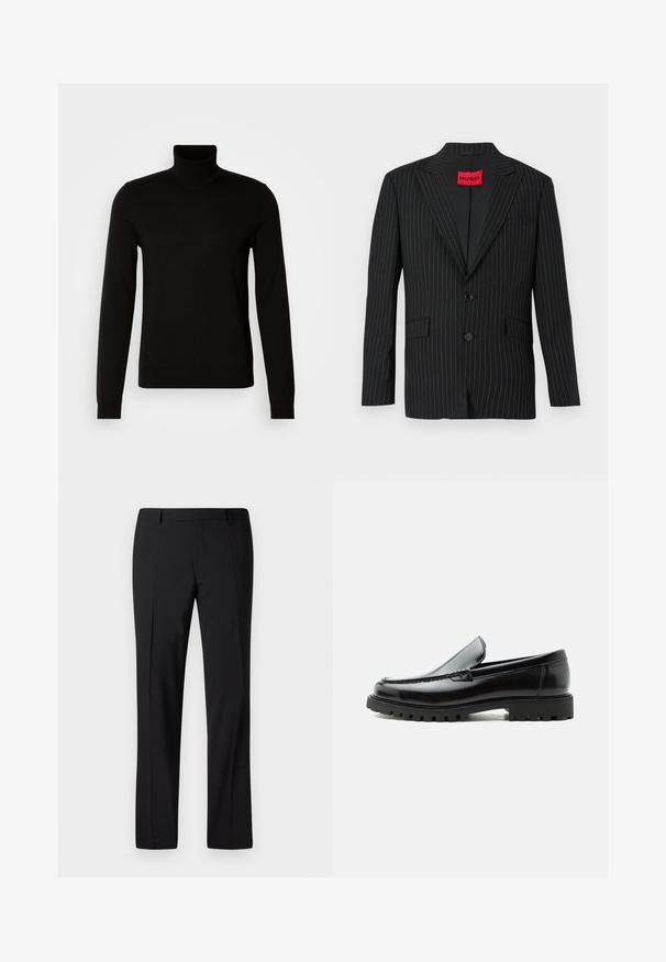 Sort blazer med nålestriber, med en notch lapel, to knapper og sidelommer. Har et rødt "HUGO"-mærke på den indre krave. Glat tekstur.; Sort turtleneck sweater lavet af et fint strikket stof, der har lange ærmer og en tætsiddende silhuet. Glat tekstur med ribbede manchetter.; Sorte skræddersyede bukser med lige ben, der har en glat overflade, plissee foran og en klassisk talje for et formelt udseende.; Sort læderloafer med chunky gummisål, syet overdel og præget mærkenavn på hælen, vist i sideprofil på hvid baggrund.
