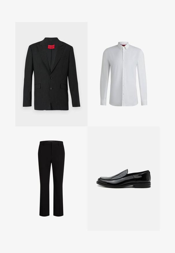 Sort blazer med nålestriber, med en notch lapel, to knapper og sidelommer. Har et rødt "HUGO"-mærke på den indre krave. Glat tekstur.; Hvid langærmet skjorte med krave, der kan knappes op, med en glat tekstur, lige snit og diskrete detaljer langs fronten.; Sorte skræddersyede bukser lavet af glat stof, med en lige ben-design, bælte løkker og front-lommer for ekstra funktionalitet.; Sort blankt læder slip-on selskabssko med lav hæl og rundet tå set fra siden på hvid baggrund.