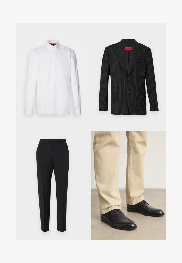 Veste noire à rayures avec un col en notch, deux boutons et poches latérales. Présente une étiquette rouge "HUGO" sur le col intérieur. Texture lisse.; Chemise blanche à manches longues en coton, avec un col classique, une patte de boutonnage à l'avant et une texture lisse. Détail rouge à l'intérieur du col.; Pantalons noirs au design ajusté, avec un devant plat, des détails de plis et une coupe élégante. Fabriqués en tissu lisse pour un look raffiné.; Chaussures noires en cuir à lacets avec un bout arrondi, finition lisse et détails de couture subtils, portées avec un pantalon beige clair.