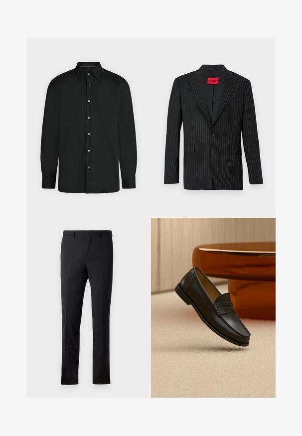 Sort blazer med nålestriber, med en notch lapel, to knapper og sidelommer. Har et rødt "HUGO"-mærke på den indre krave. Glat tekstur.; Sort skjorte med lange ærmer, knapper foran, spids krave og knapmanchetter, vist mod en ensformet lys baggrund.; Sorte bukser med en skræddersyet pasform, der har en flad front, to pressefolder, bæltestropper og en glat overflade. Ingen synlige mønstre eller beslag.; Sort læder loafer-sko hængende over beige tæppe med ravfarvet moderne møblement i baggrunden.