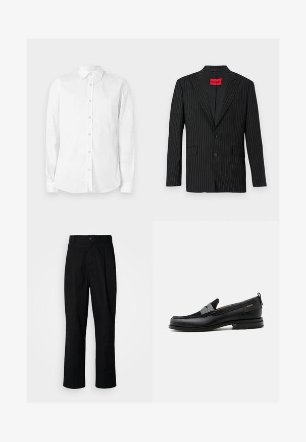 Veste noire à rayures avec un col en notch, deux boutons et poches latérales. Présente une étiquette rouge "HUGO" sur le col intérieur. Texture lisse.; Chemise blanche à manches longues avec boutons, fabriquée en coton. Comprend un col pointu et un petit logo brodé sur la poitrine. Texture lisse.; Pantalons noirs à jambes droites avec une taille à bouton, passants de ceinture et pli avant, présentés sur un fond blanc uni.; Mocassin en cuir noir avec détail de bride grise, talon bas et semelle texturée, marqué "HUGO" en or sur le côté.