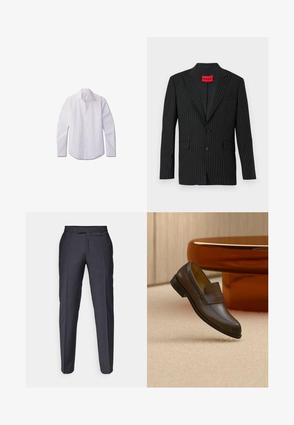Sort blazer med nålestriber, med en notch lapel, to knapper og sidelommer. Har et rødt "HUGO"-mærke på den indre krave. Glat tekstur.; Hvid langærmet skjorte med knapper, lavet af glat stof, med klassisk krave, front med knapper og rundet kant.; Mørkegrå skræddersyede bukser med et lige ben-design. Har en glat tekstur og frontfolder. Ingen synlige mærker eller udsmykninger.; Mørkebrun læderloafer vist i luften over beige tæppe med et poleret rundt træbord i baggrunden.