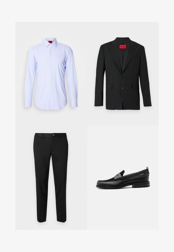 Blazer negro a rayas con solapa de muesca, dos botones y bolsillos laterales. Cuenta con una etiqueta roja "HUGO" en el interior del cuello. Textura suave.; Camisa abotonada de manga larga de un azul claro con un patrón, y un cuello clásico. Presenta pequeños cuadrados y botones blancos. Textura de tela suave.; Pantalones negros fabricados con una tela suave. Tienen un corte recto, un frente plano y un cierre de botón con un diseño sencillo en la cintura.; Mocasín de cuero negro con detalle de tira gris, tacón bajo y suela texturizada, con la marca "HUGO" en oro en el lateral.