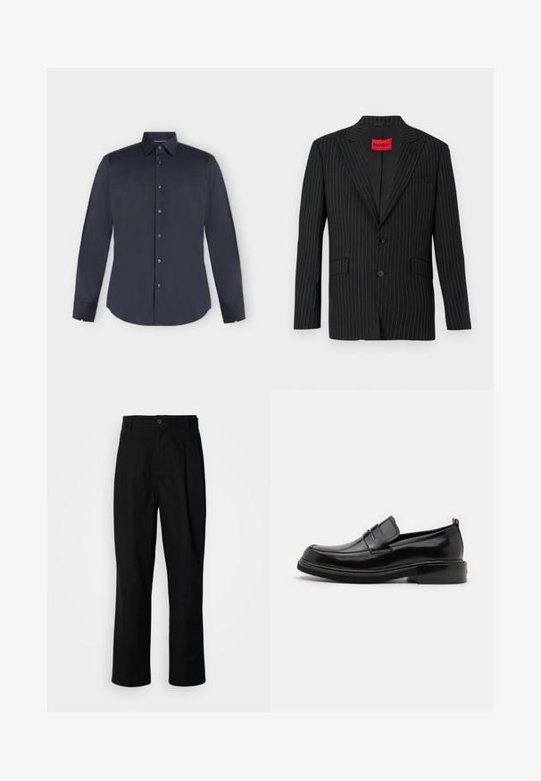 Blazer negro a rayas con solapa de muesca, dos botones y bolsillos laterales. Cuenta con una etiqueta roja "HUGO" en el interior del cuello. Textura suave.; Camisa de vestir para hombre de manga larga en azul marino oscuro con botones, cuello puntiagudo y puños abotonados sobre un fondo gris claro.; Pantalones rectos negros con cintura con botones, trabillas para cinturón y pliegue frontal, exhibidos sobre un fondo blanco liso.; Calvin Klein MOCCASIN - Mocasines elegantes - black
