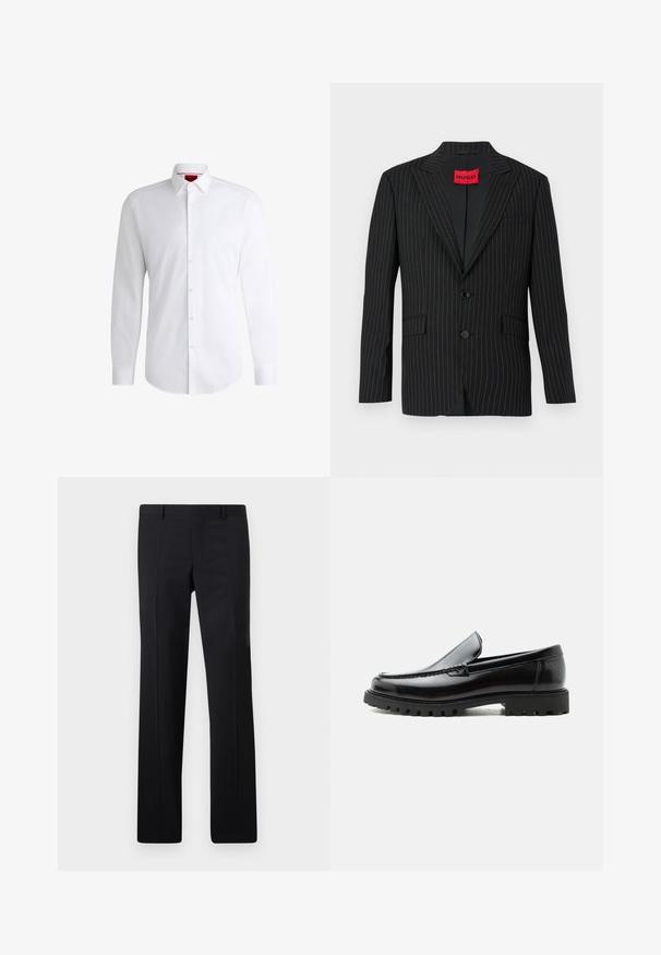 Veste noire à rayures avec un col en notch, deux boutons et poches latérales. Présente une étiquette rouge "HUGO" sur le col intérieur. Texture lisse.; Chemise blanche à manches longues en tissu lisse avec un col classique et un ourlet arrondi. Présente des boutons beiges à l'avant.; Pantalons noirs ajustés avec une coupe droite, des plis marqués et une finition lisse. Fabriqués en tissu léger avec une taille nette.; Mocassin en cuir noir avec semelle en caoutchouc épaisse, dessus cousu et nom de marque embossé sur le talon, présenté de profil sur fond blanc.