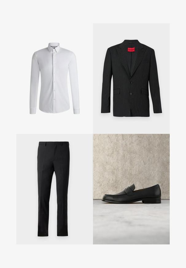 Blazer negro a rayas con solapa de muesca, dos botones y bolsillos laterales. Cuenta con una etiqueta roja "HUGO" en el interior del cuello. Textura suave.; Camisa blanca de manga larga hecha de tejido suave, con un cuello abotonado y una fila de botones en la parte delantera. Diseño simple.; Pantalones negros con un corte ajustado, que presentan un frente plano, dos pliegues, pasadores para cinturón y una textura suave. Sin patrones ni accesorios visibles.; Zapato mocasín de cuero negro flotando sobre una alfombra beige con una mesa redonda marrón brillante al fondo.