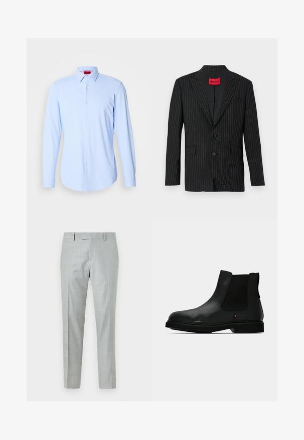 Sort blazer med nålestriber, med en notch lapel, to knapper og sidelommer. Har et rødt "HUGO"-mærke på den indre krave. Glat tekstur.; Lys blå skjorte med lange ærmer lavet af glat stof, med knaplukning foran, spredt krave og rundet kant. Mærketiketten er synlig indeni kraven.; Lysegrå skræddersyede bukser lavet af stof med en glat tekstur. Har et subtilt ternet mønster, flad front og lige ben.; Sort læder Chelsea-støvle med elastiske sidepaneler, rund tå og tekstureret overdel. Har en flad gummisål og diskret mærkedetalje.