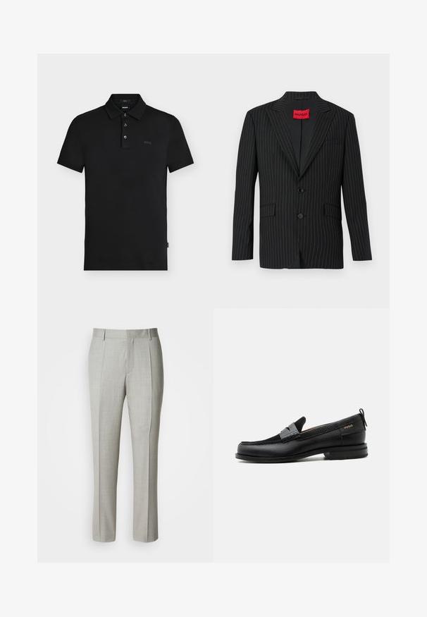 Zwarte pinstripe blazer met een notch lapel, twee knopen en zijzakken. Bevat een rode "HUGO" label op de binnenkraag. Soepele textuur.; Zwarte slim-fit poloshirt met drie knopen, korte mouwen en een subtiel "BOSS"-logo op de borst en binnen de kraag.; Lichtgrijze, op maat gemaakte broek van gladde stof, met een rechte snit, voorplooien en een klassieke tailleband met riemlussen.; Zwarte leren loafer met grijs riemdetailelement, lage hak en gestructureerde zool, aan de zijkant gebrandmerkt met "HUGO" in goud.