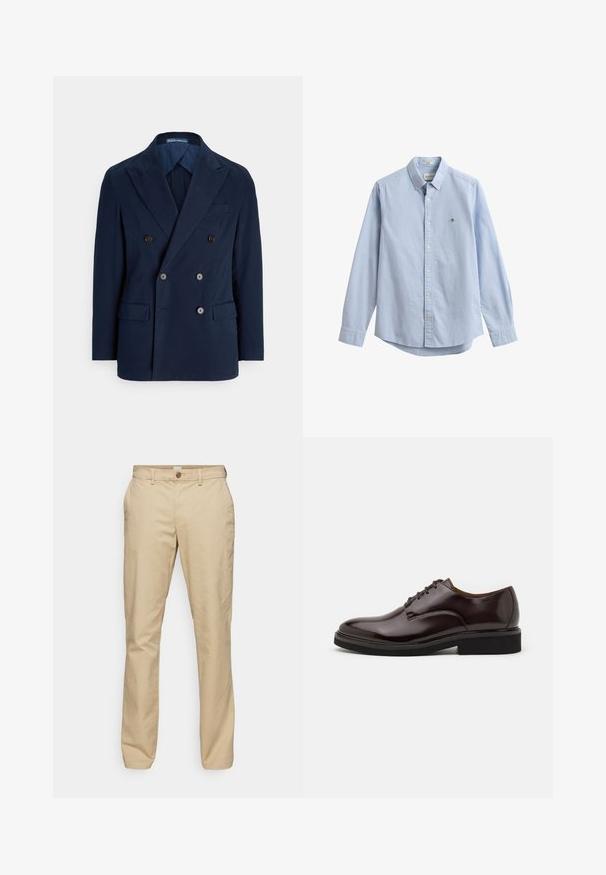 Marineblauwe double-breasted blazer van gladde stof, voorzien van gespreide revers, twee voorzakken en bruine knopen als sluiting.; Lichtblauw overhemd met lange mouwen, knopen, button-down kraag en klein geborduurd logo op de linkerborst.; Beige broek van katoen, met een recht model, twee zijzakken, een enkele knoopsluiting en omgeslagen broekspijpen.; Bruine leren Oxford schoen met een glanzende afwerking, ronde neus, vetersluiting en een stevige zwarte rubberen zool. Naaddetails op de bovenkant.
