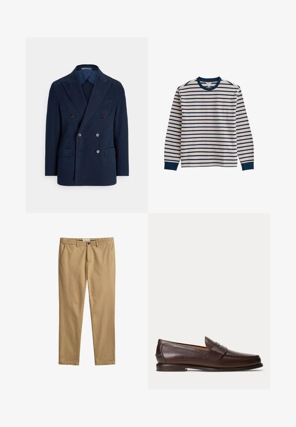 Marineblauer, zweireihiger Blazer aus glattem Stoff, mit Spitzrevers, zwei Vordertaschen und braunen Knöpfen zum Verschließen.; Langärmeliges Hemd mit weißen und marineblauen horizontalen Streifen, marineblauem Rundhalsausschnitt und marineblauen Bündchen vor weißem Hintergrund.; Beige Slim-Fit Chinos mit Gürtelösen, Seitentaschen, Knopf- und Reißverschluss, gebrandetes GANT-Label am Bund.; Dunkelbrauner Leder-Pennyloafer mit Nahtdetails und niedrigem gestapeltem Absatz, seitlich auf einfachem Hintergrund gezeigt.