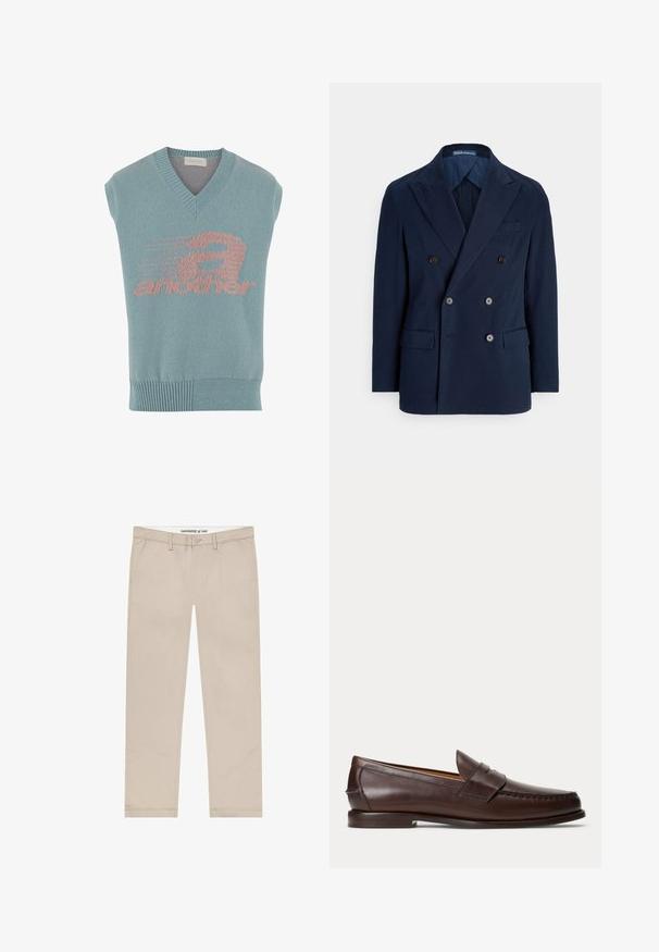 Marineblauer, zweireihiger Blazer aus glattem Stoff, mit Spitzrevers, zwei Vordertaschen und braunen Knöpfen zum Verschließen.; Helles blaues ärmelloses Stricktop mit V-Ausschnitt, das ein rosa grafisches Design mit dem Wort "another" und einem Geschwindigkeitsmotiv zeigt. Gerippter Saum.; Beige Chinos aus einem Baumwollmischgewebe mit geradem Bein, Fronttaschen und Knopfverschluss an der Taille.; Dunkelbrauner Leder-Pennyloafer mit Nahtdetails und niedrigem gestapeltem Absatz, seitlich auf einfachem Hintergrund gezeigt.